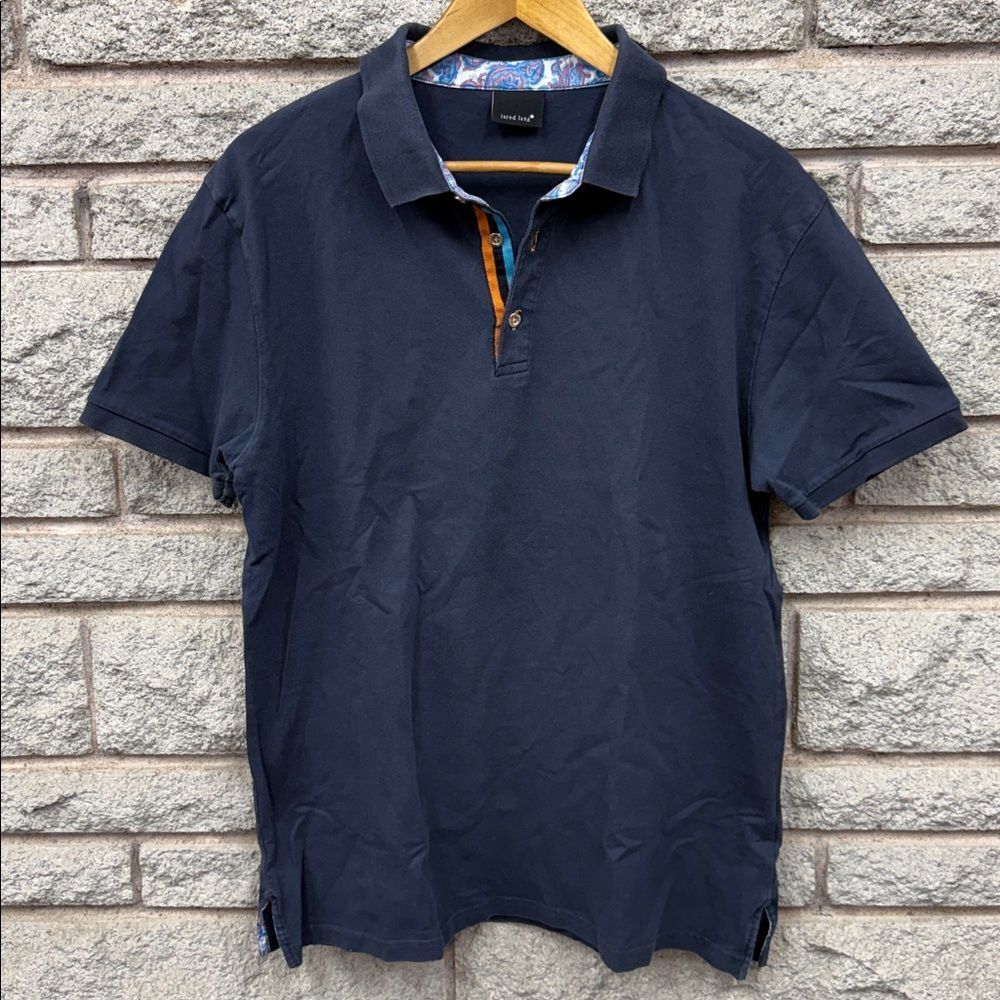 Jared Lang Navy Polo with Patterned Collar